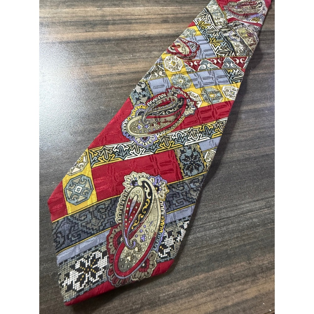 MBP Mens Silk Tie Red Paisley Geometric Italian Fabric Made in USA Necktie